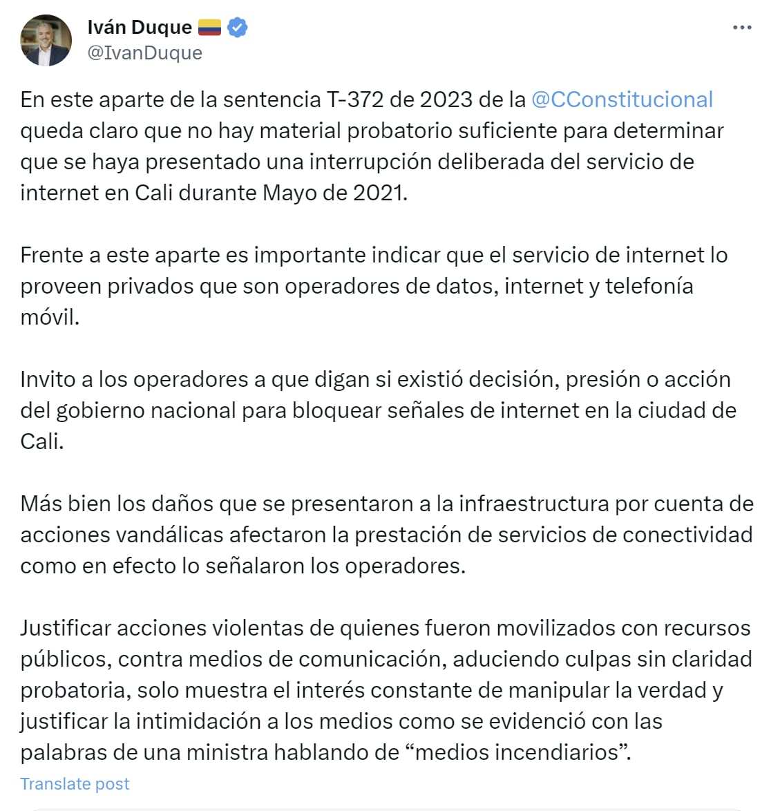 El expresidente Iván Duque se pronunció sobre interrupción de internet en Cali durante manifestaciones de 2021 - crédito Iván Duque/X