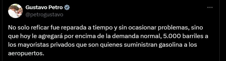 Presidente Gustavo Petro sobre situación de los combustibles de las aeronaves en el territorio nacional - crédito @petrogustavo/X