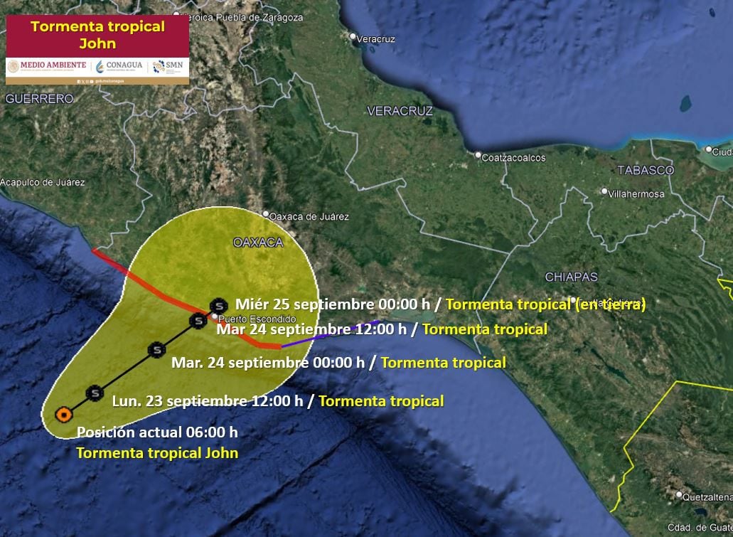 Posible trayectoria de la Tormenta Tropical John. (SMN/Conagua)