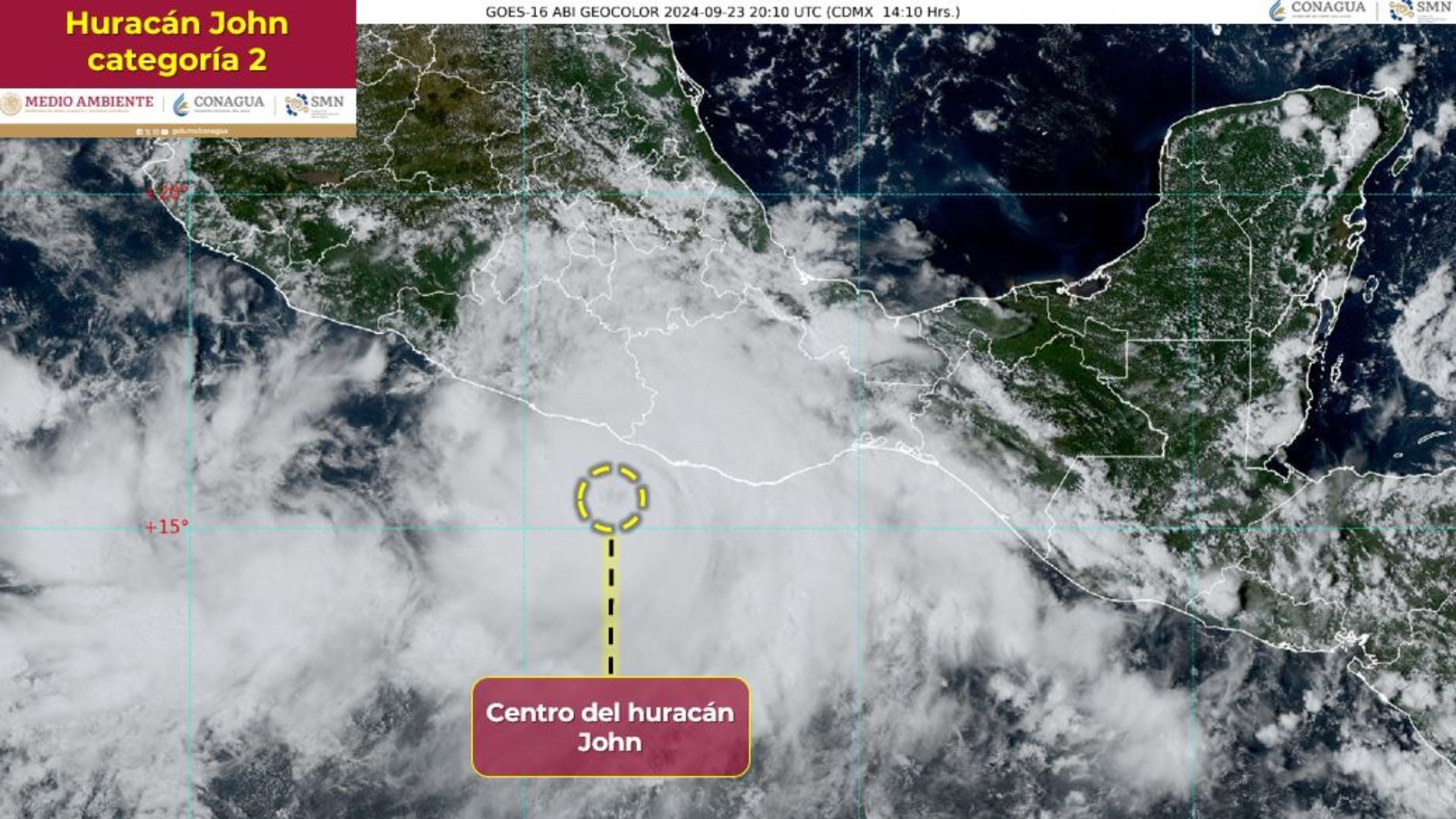 El Huracán John ya es categoría dos, podría impactar la noche de este lunes 23 de septiembre y la madrugada del 24 (X/ @conagua_clima)