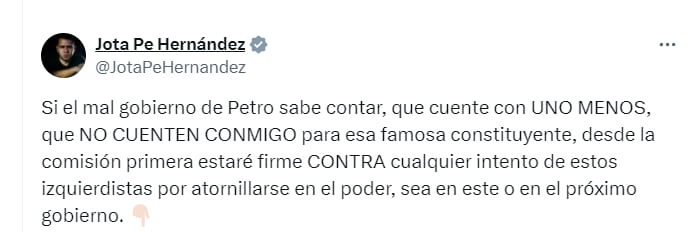Jota Pe Hernández aseguró que no apoyará la idea del Gobierno de convocar a una constituyente - crédito @JotaPeHernandez/X