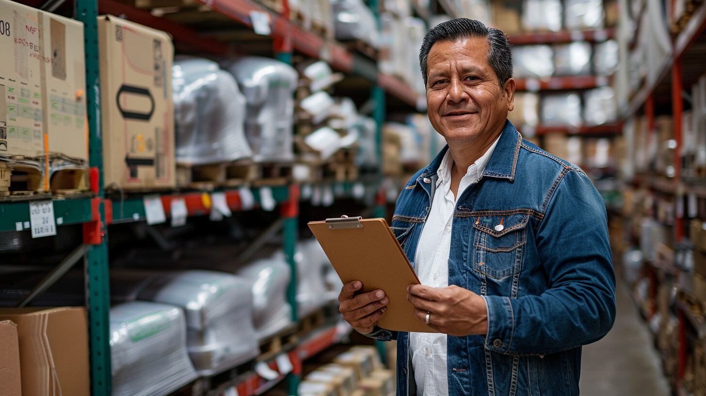 Trabajador alegre con documento, gestionando stock en depósito repleto de mercancía - (Imagen Ilustrativa Infobae)