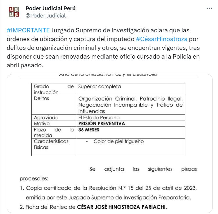 Poder Judicial informa que órdenes de ubicación y captura contra César Hinostroza fueron renovadas