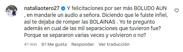 Comentarios de Natalia Otero en Instagram de Julián Zucchi sobre su relación con Yiddá Eslava.