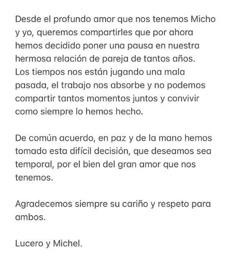 Tras más de 10 años de relación, la cantante y el empresario tomaron la decisión de hacer una pausa temporal (Foto: Instagram @luceromexico)