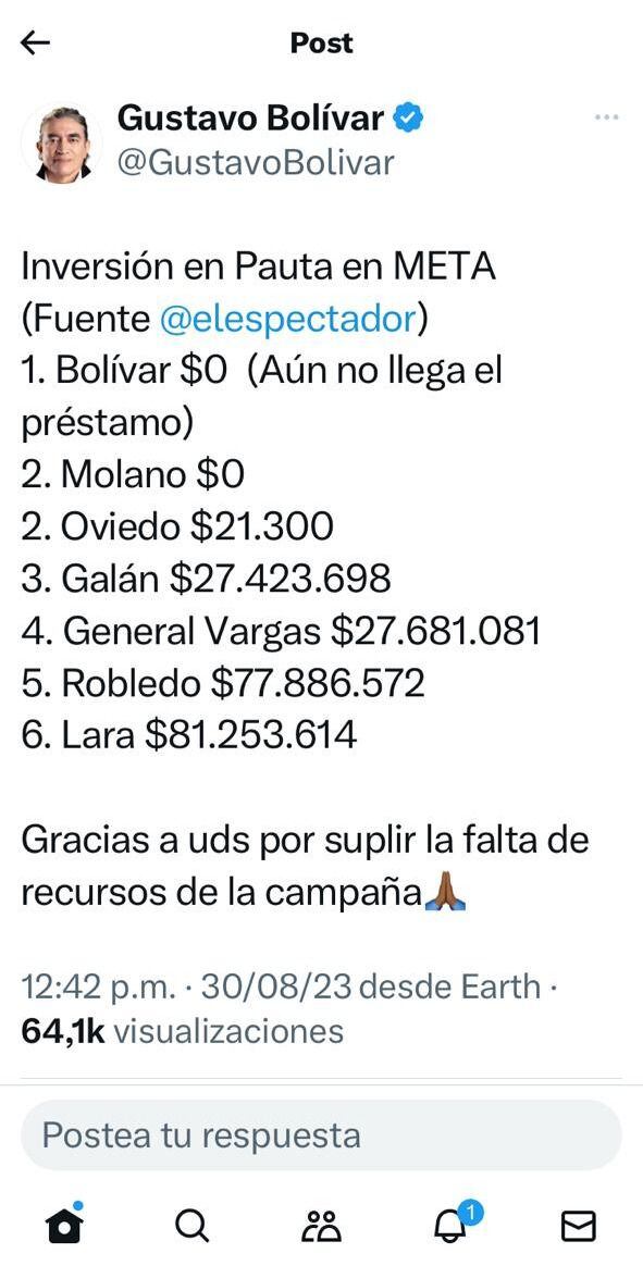 Gustavo Bolívar sostuvo que Jorge Robledo ha gastado más de 70 millones de pesos en publicidad - crédito cuenta de X de Gustavo Bolívar