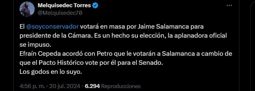 Jaime Salamanca tendría el apoyo de los conservadores para llegar a la presidencia de la Cámara - crédito @Melquisedec70/X