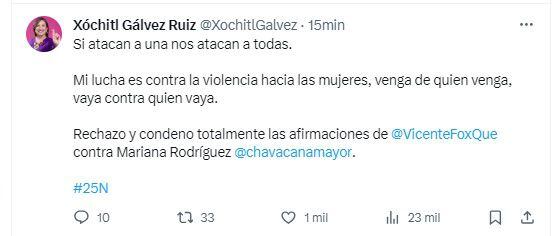 Xóchitl Gálvez condenó las críticas de Fox hacia Mariana Rodríguez. | Captura de pantalla