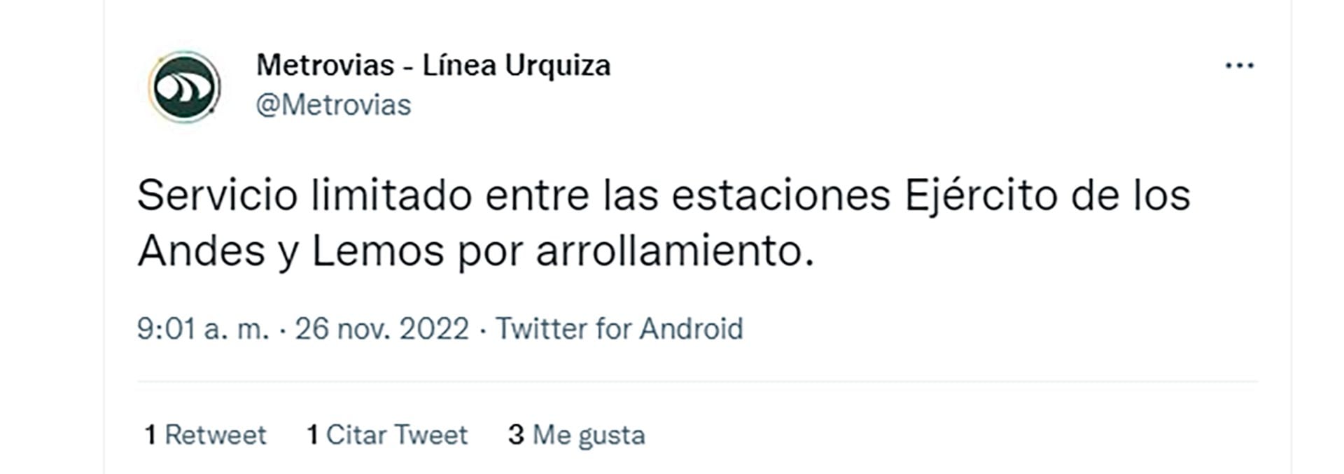 Metrovías comunicó demoras en el servicio del Tren Urquiza por el arrollamiento de una persona.