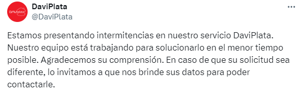 La entidad bancaria aseguró que estan trabajando para solucionar el problema en el menor tiempo posible - crédito @Daviplata/X