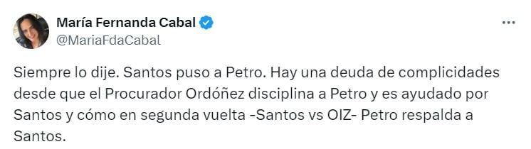 Este fue el mensaje de la senadora María Fernanda Cabal - crédito captura de pantalla X