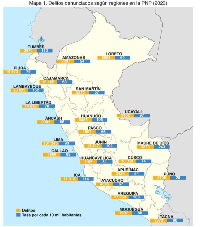 Un mapa de la criminalidad que visualiza la cantidad de delitos denunciados por 10 mil habitantes. El período considerado es enero-junio del 2023 - Crédito: Plan Seguridad Ciudadana - Perú.