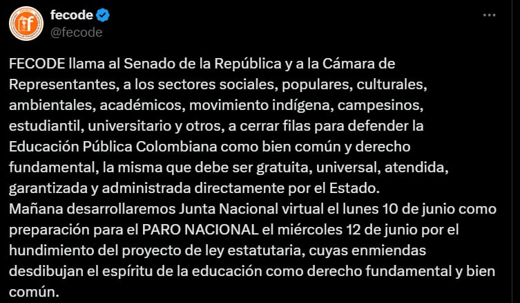 Fecode convocó a paró nacional en rechazo a la reforma a la educación que está a punto de ser aprobada en el Congreso de la República - crédito @fecode/X