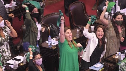 El festejo de varias diputadas del sector "verde" tras la media sanción del viernes (Telam)