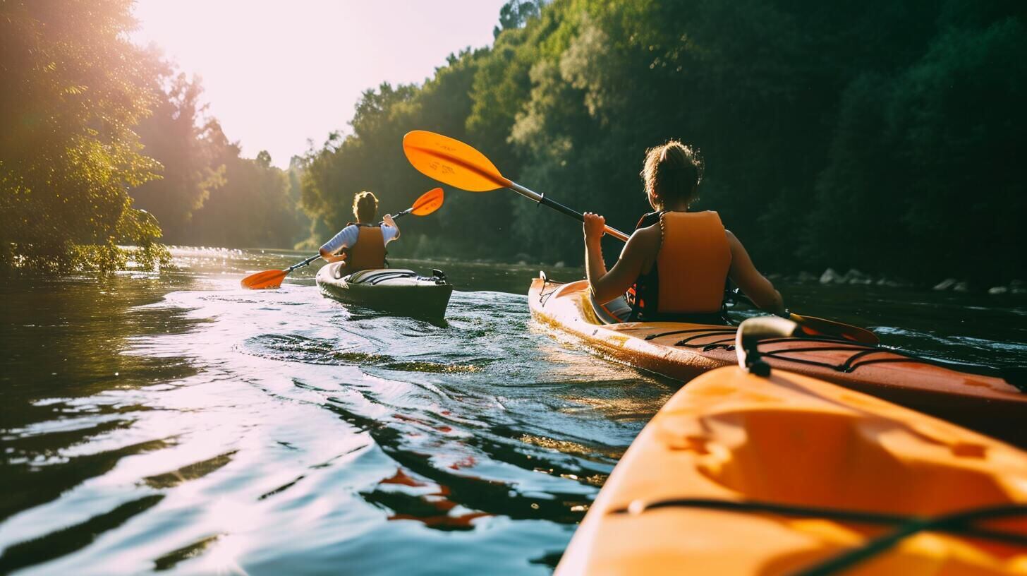 Grupo de turistas realizando kayak en un tranquilo lago de montaña, rodeados de un paisaje natural impresionante, como parte de una experiencia de vacaciones activas. La fotografía captura la esencia del turismo de aventura y deporte al aire libre, mostrando cómo estas actividades se integran armoniosamente con el camping y el disfrute de la naturaleza. (Imagen ilustrativa Infobae)