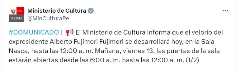 El Ministerio de Cultura anunció la ampliación del horario para visitar el féretro de Alberto Fujimori  - crédito Twitter / Mincul