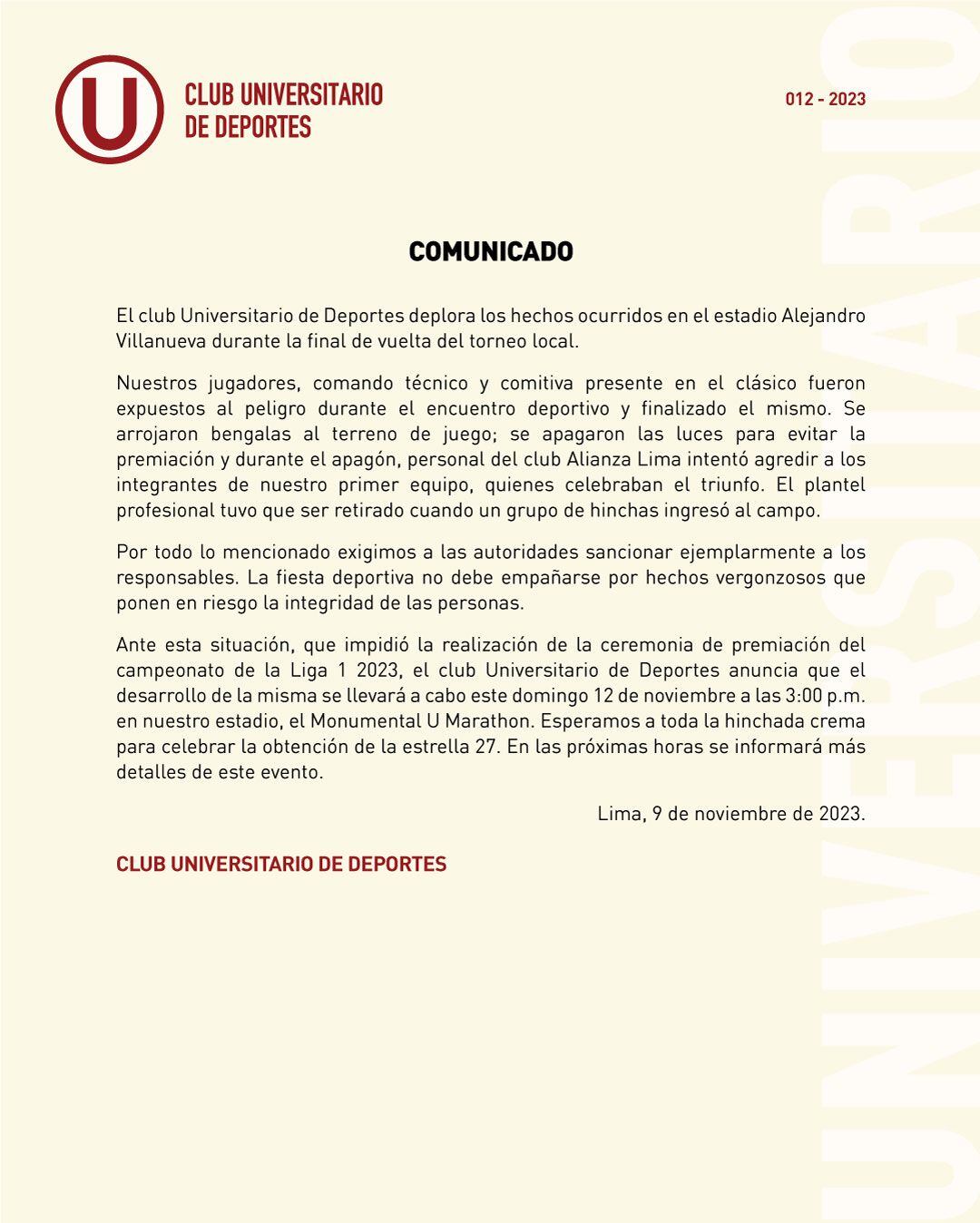 Universitario denunció intento de agresiones por parte de Alianza Lima durante el apagón en el estadio Alejandro Villanueva.