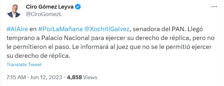 Pese a contar con el fallo del juez, el acceso a la mañanera fue negado para la senadora Xóchitil Gálvez. (Captura de pantalla/Twitter Ciro Gómez Leyva).