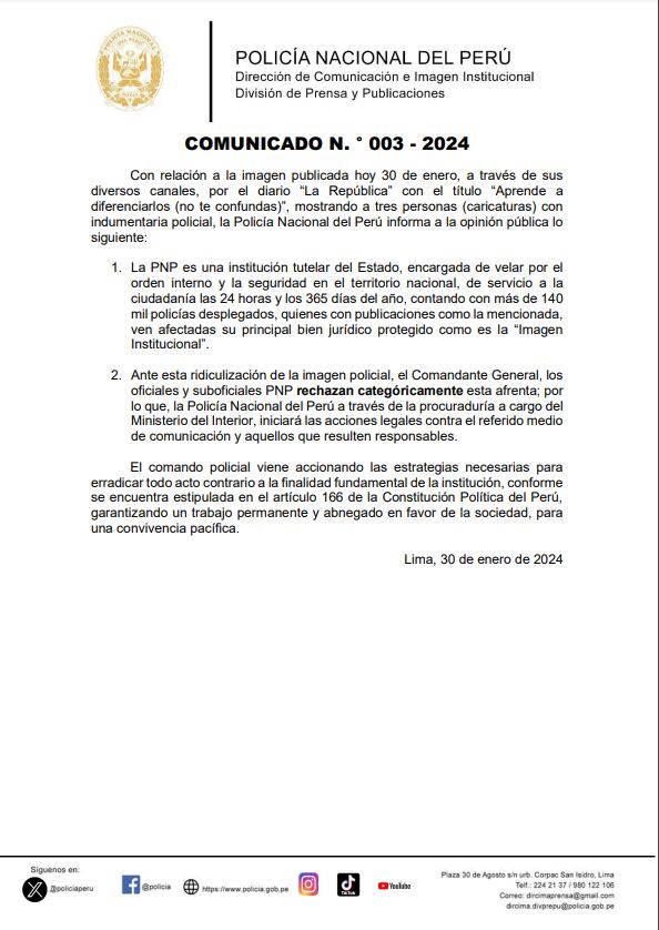 Pronunciamiento de la PNP en el que señala que iniciará acciones en contra del artista gráfico y caricaturista. PNP.