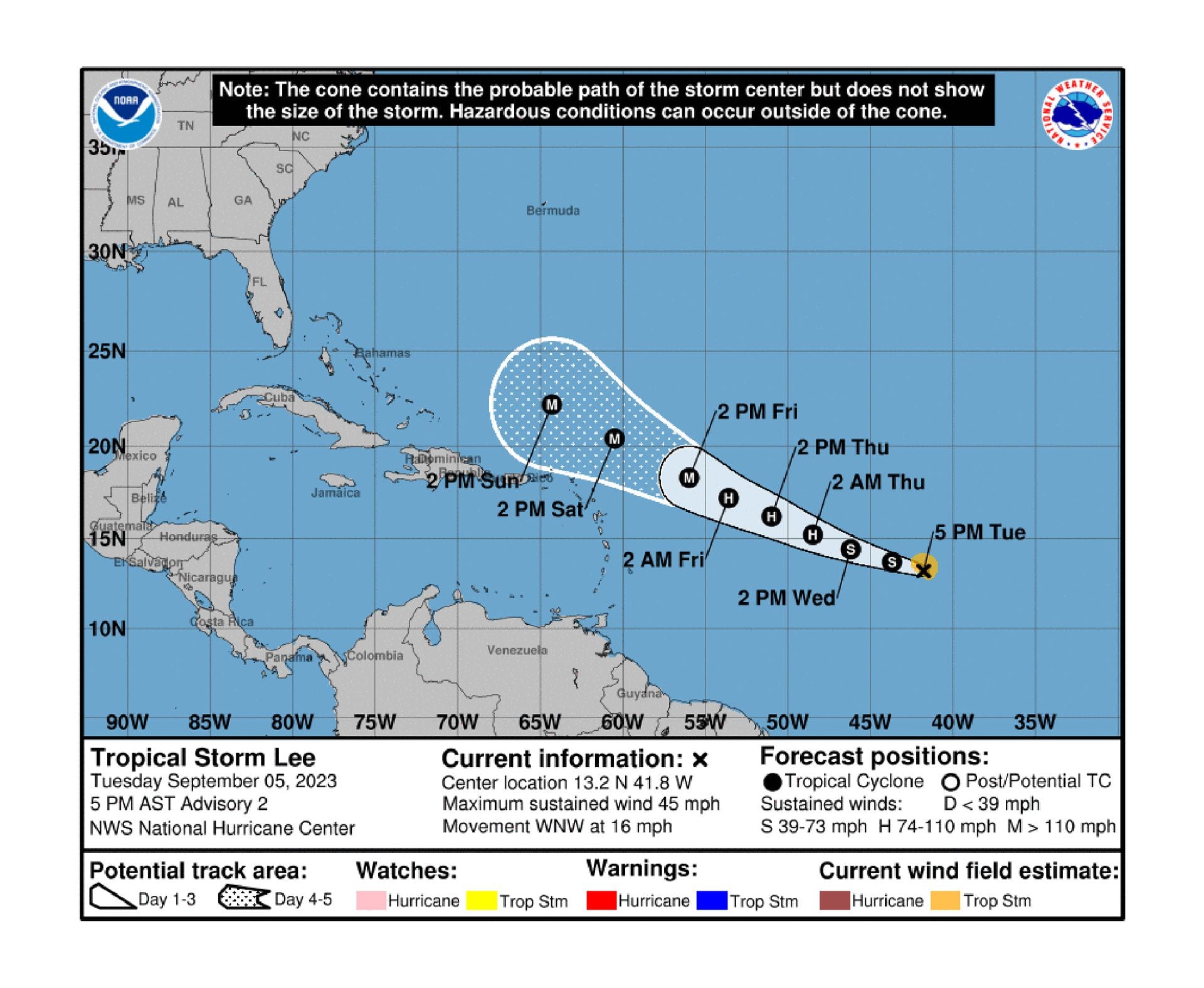 Las previsiones del recorrido de la tormenta Lee según el Centro de Huracanes de los Estados Unidos (NOAA)