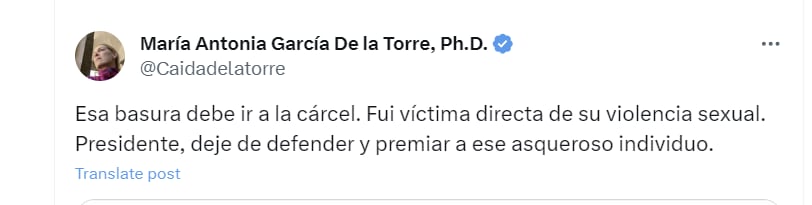 María Antonia García De la Torre aseguró que Hollman Morris debería estar en prisión, debido a presuntos actos sexuales que cometió contra su voluntad años atrás - crédito @Caidadelatorre/X