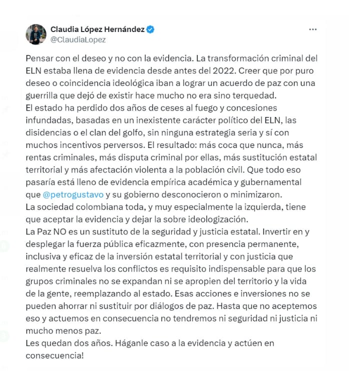 Claudia López, exalcaldesa de Bogotá, cuestionó duramente la estrategia del presidente Petro tras el atentado del ELN en una base militar de Arauca - crédito @ClaudiaLopez/X