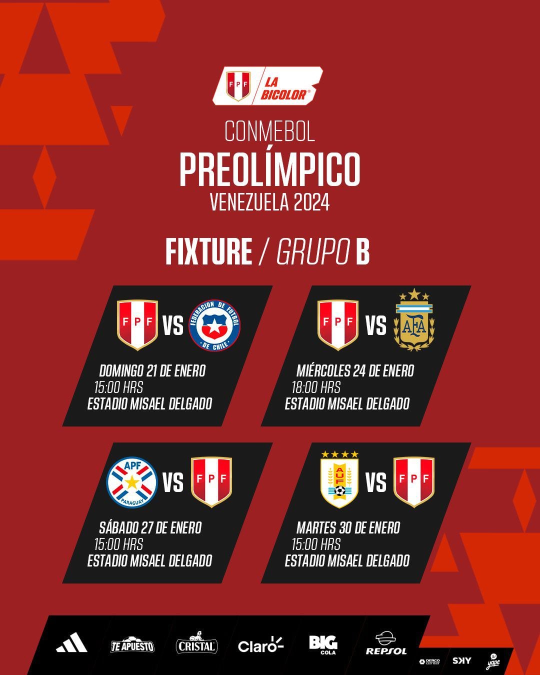 Fixture de Perú Sub 23 en el Preolímpico Venezuela 2024.