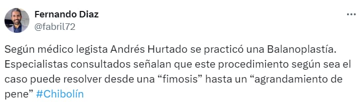 Fernando Díaz opina sobre la operación de Andrés Hurtado. (Foto: Captura de X)