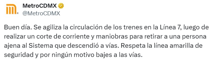 Estado en tiempo real de las diversas líneas del STC capitalino. (TW Metro CDMX)