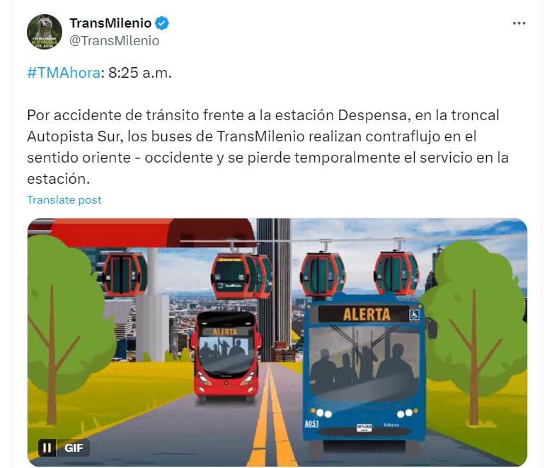 El accidente ocurrió en el sector de La Despensa, por lo que ha generado afectaciones en el carril del sistema de transporte - crédito @TransMilenio/X