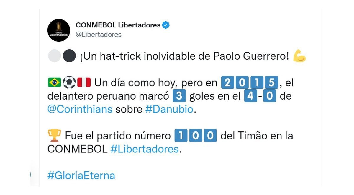 Paolo Guerrero: Conmebol recordó "inolvidable" triplete con Corinthians en la Copa Libertadores (Foto: captura @Libertadores)