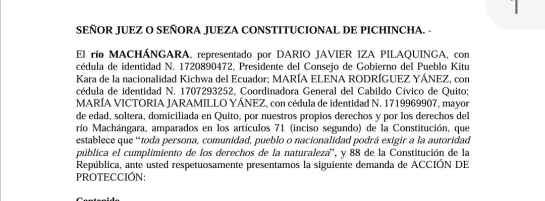 Así se presentó la acción de protección para que se respeten los derechos del Río Machángara. (X/Ramiro Ávila)