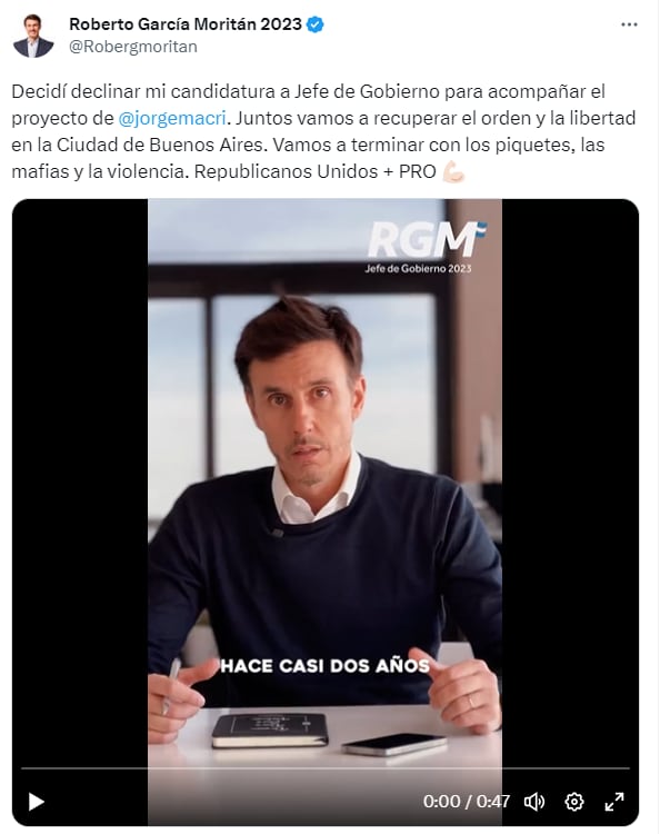 El tuit de García Moritán que anuncia la baja de su candidatura