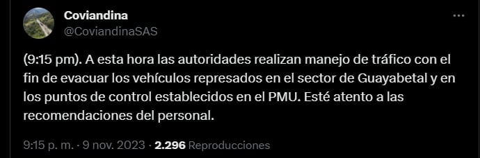 Último y más reciente reporte de movilidad en la vía la Llano - crédito @CoviandinaSAS/X