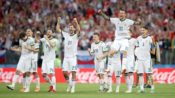 Soccer Football – World Cup – Round of 16 – Spain vs Russia – Luzhniki Stadium, Moscow, Russia – July 1, 2018 Russia players celebrate during the penalty shootout REUTERS/Carl Recine