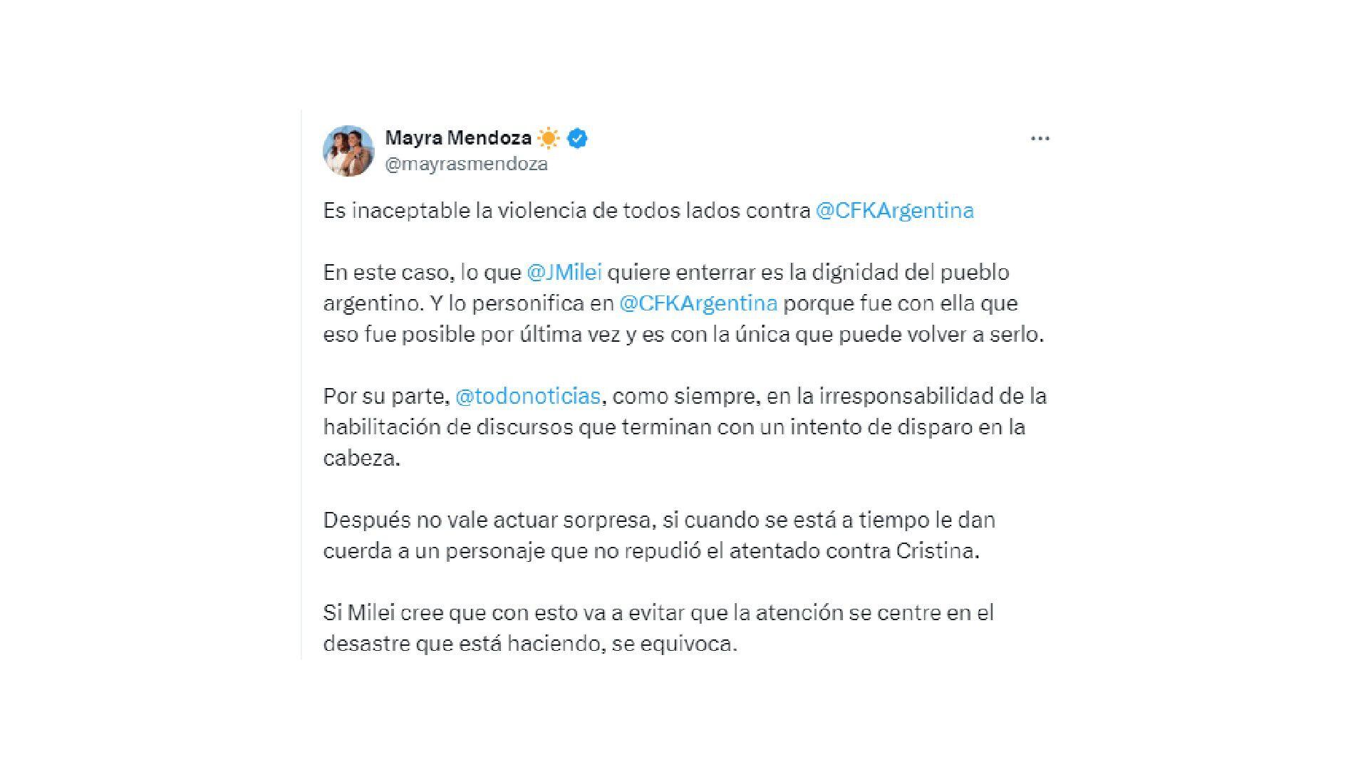 La reacción de Mayra Mendoza a las declaaraciones de Milei 