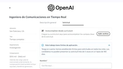 OpenAI busca contratar un ingeniero especializado en GPT para liderar proyectos y ofrecer una remuneración de hasta 465.000 dólares.