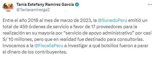 Tuit de la congresista Tania Ramírez para pedir a Fiscalía que investigue consultorías en Sunedu.