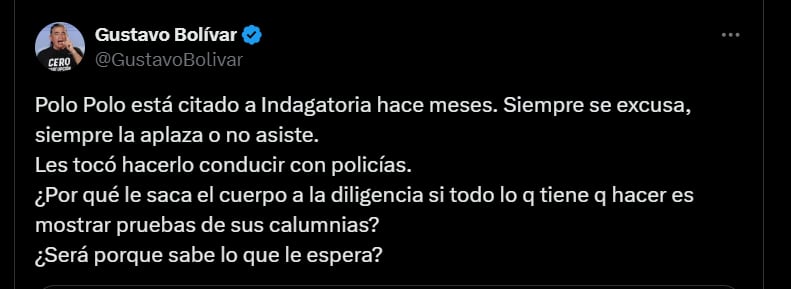 Gustavo Bolívar sobre el estrado de Miguel Polo Polo a la Corte Suprema de Justicia - crédito @GustavoBolivar/X