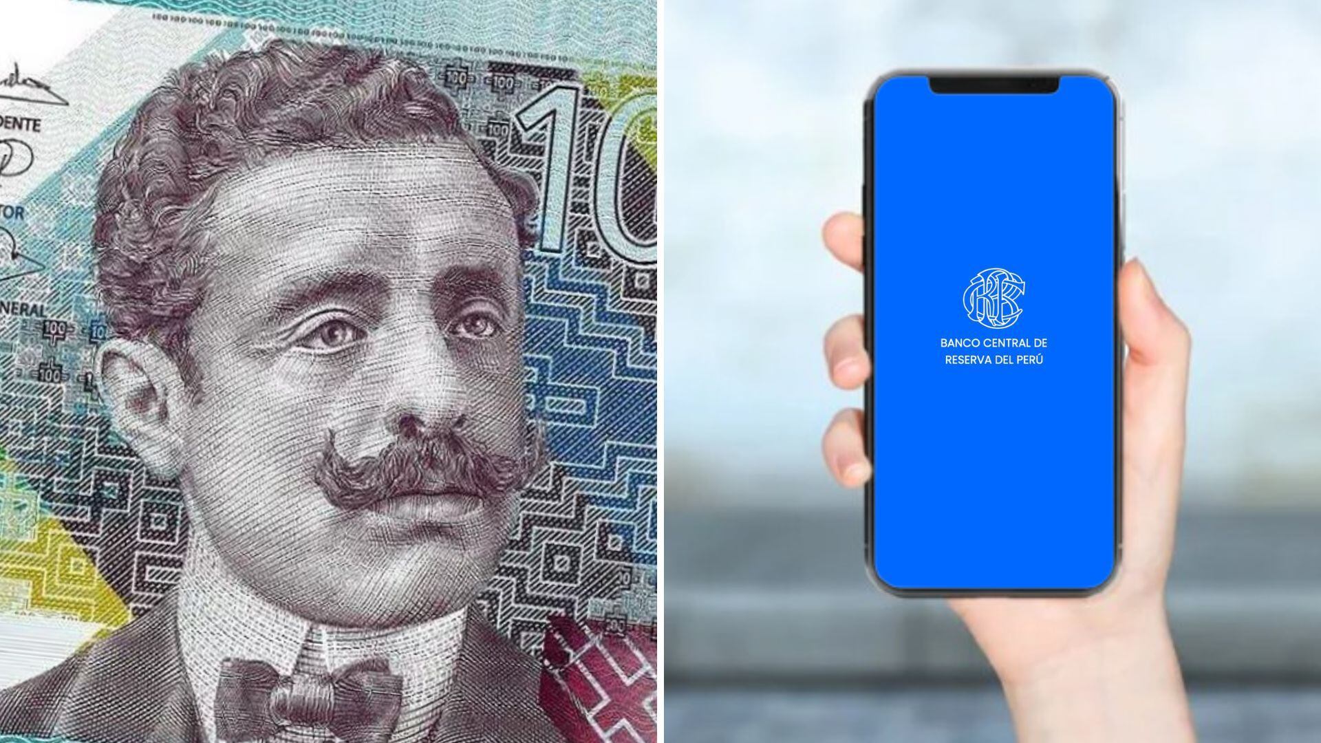 rostro del billete de 100 soles, aplicación de BCR abierta en celular en mano
