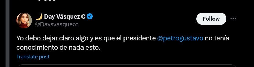 La exesposa del hijo del Presidente salió en defensa del mandatario nacional ante sus últimas declaraciones - crédito @Daysvasquezc/X