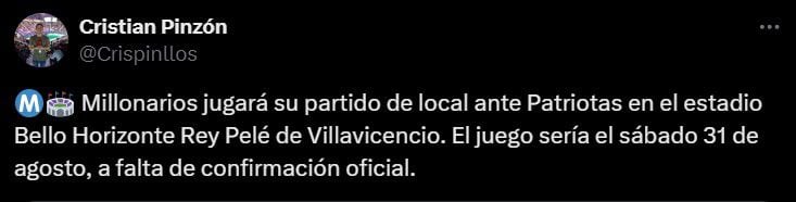 Millonarios tendría todo listo para recibir a Patriotas en Villavicencio, por la Liga BetPlay - crédito @Crispinllos/X