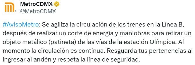 Las redes sociales reportaron las maniobras que se realizan en la Línea B luego del retraso de las unidades. 
Foto: TW Metro CDMX