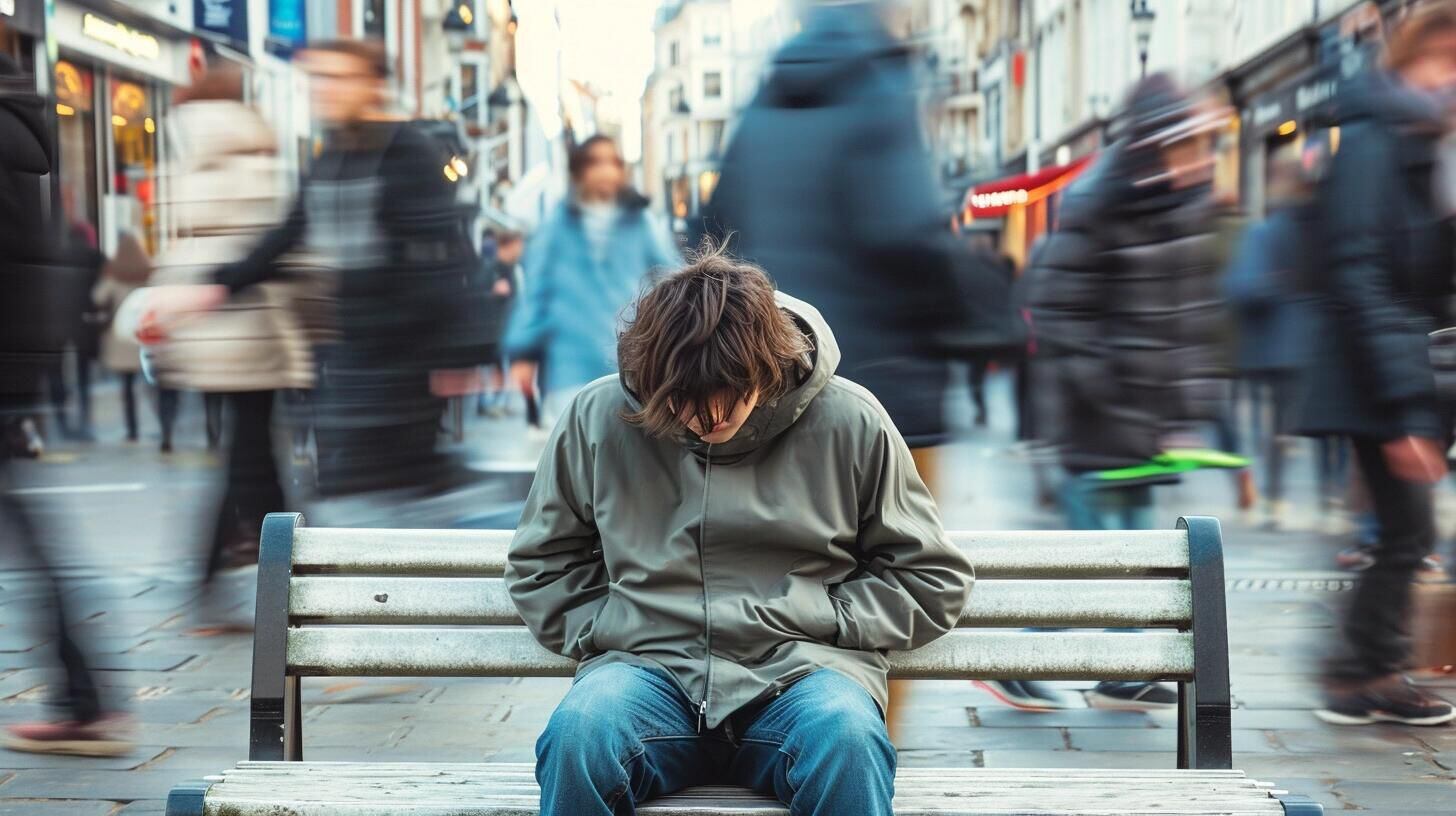 Adolescente sentado solo en un banco, con la cabeza gacha mientras el mundo alrededor se desplaza rápidamente, simbolizando posibles trastornos de ansiedad, depresión o disociación. La fotografía subraya la importancia de identificar y tratar problemas de salud mental en las etapas tempranas de la vida. (Imagen ilustrativa Infobae)