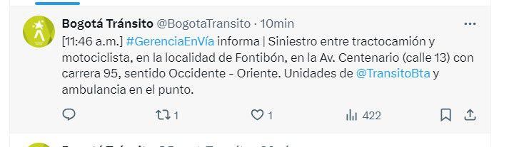 Además de este caso se presentó un accidente en Puente Aranda - crédito @BogotaTransito/X