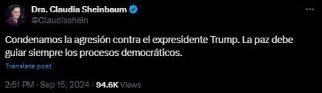 La presidenta electa condenó cualquier tipo de expresión de violencia en contra de Donald Trump, ex presidente de EEUU
Crédito:
X/@Claudiashein