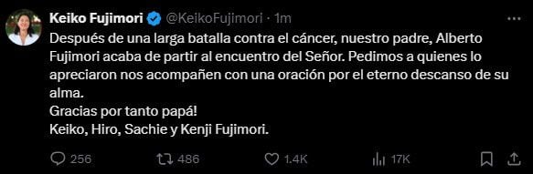 Keiko Fujimori confirmó la muerte de su padre Alberto Fujimori. (Fuente: X/ @KeikoFujimori)