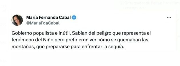 Con este mensaje en su perfil de X, la senadora María Fernanda Cabal se refirió a la crisis en materia ambiental que se registra en el país - crédito @mariafdacabal/X