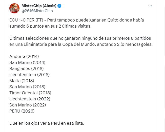 Dato de MisterChip sobre pésimo arranque de Perú en las Eliminatorias 2026.