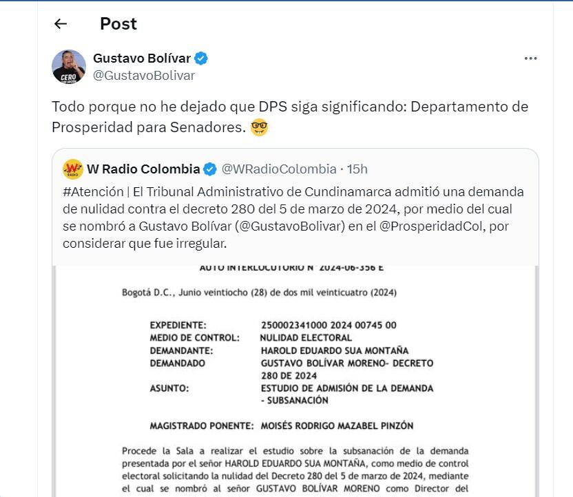 Gustavo Bolívar responde en su cuenta de X por demanda de su nombramiento en el DPS - crédito @GustavoBolivar